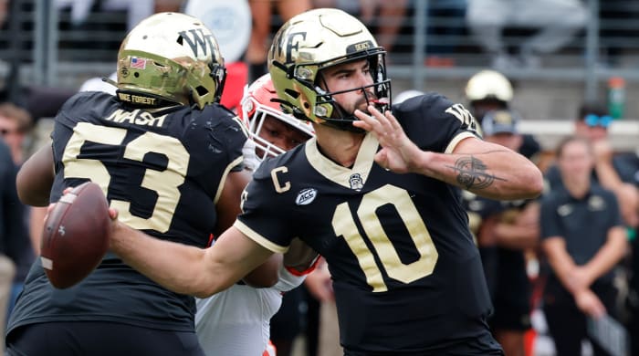 Sep 24, 2022; Winston-Salem, North Carolina, USA; Wake Forest Demon Deacons quarterback Sam Hartman (10) throws a pass during the second half against the Clemson Tigers at Truist Field.
